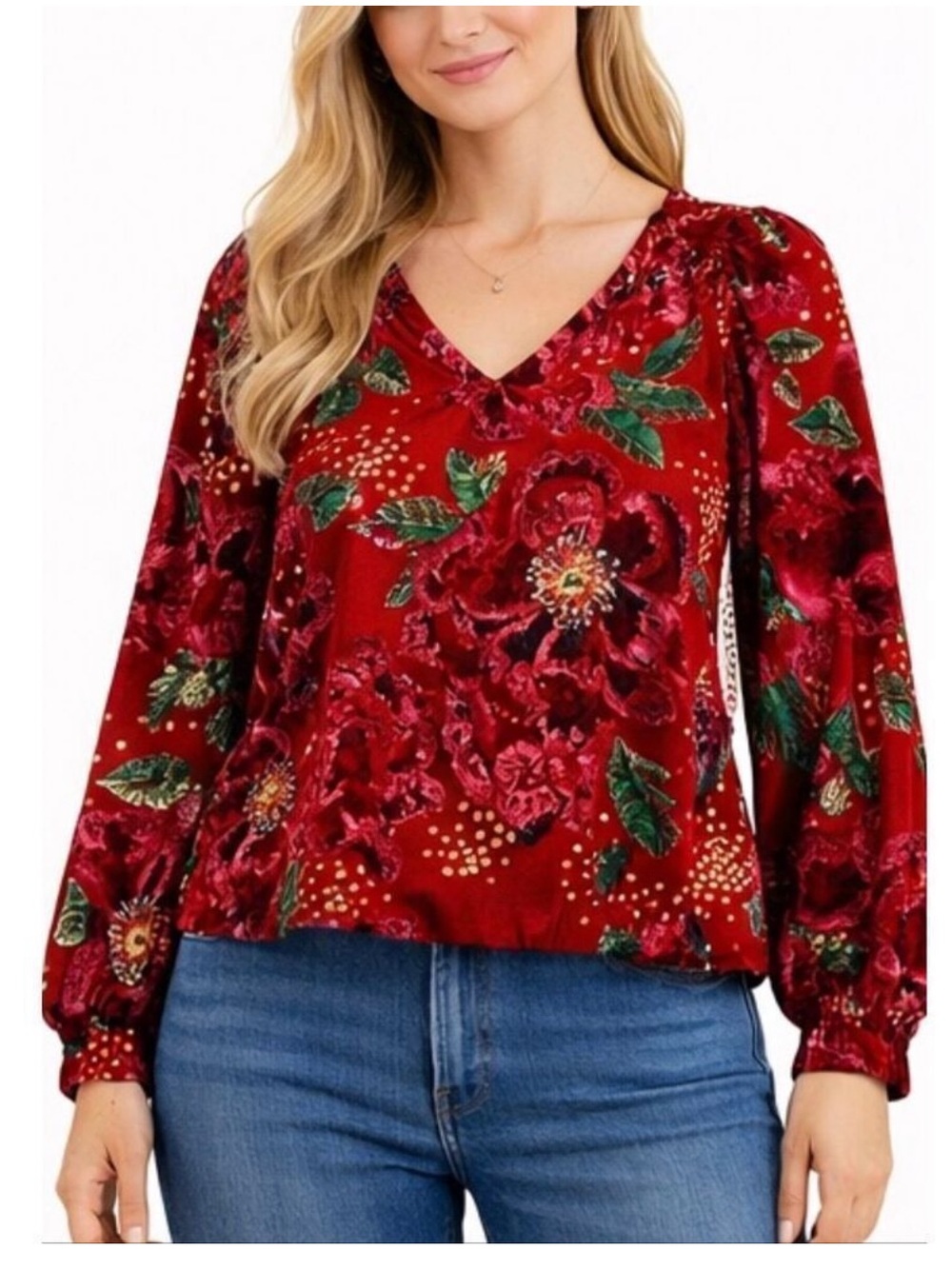 Maison D’amelie Red Floral V-Neck Long-Sleeve Blouse Velvet pink/red blouse